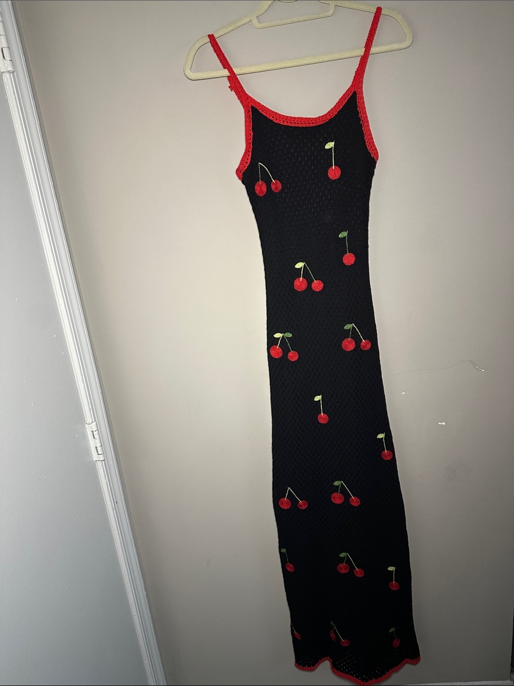 Fashion Nova Maxi Black Cherry-Print crochet Slip Dress with Red Trim